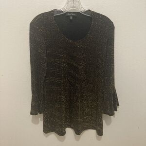 SLINKY BRAND black gold scoop neck 3/4 flared sleeves mesh top S